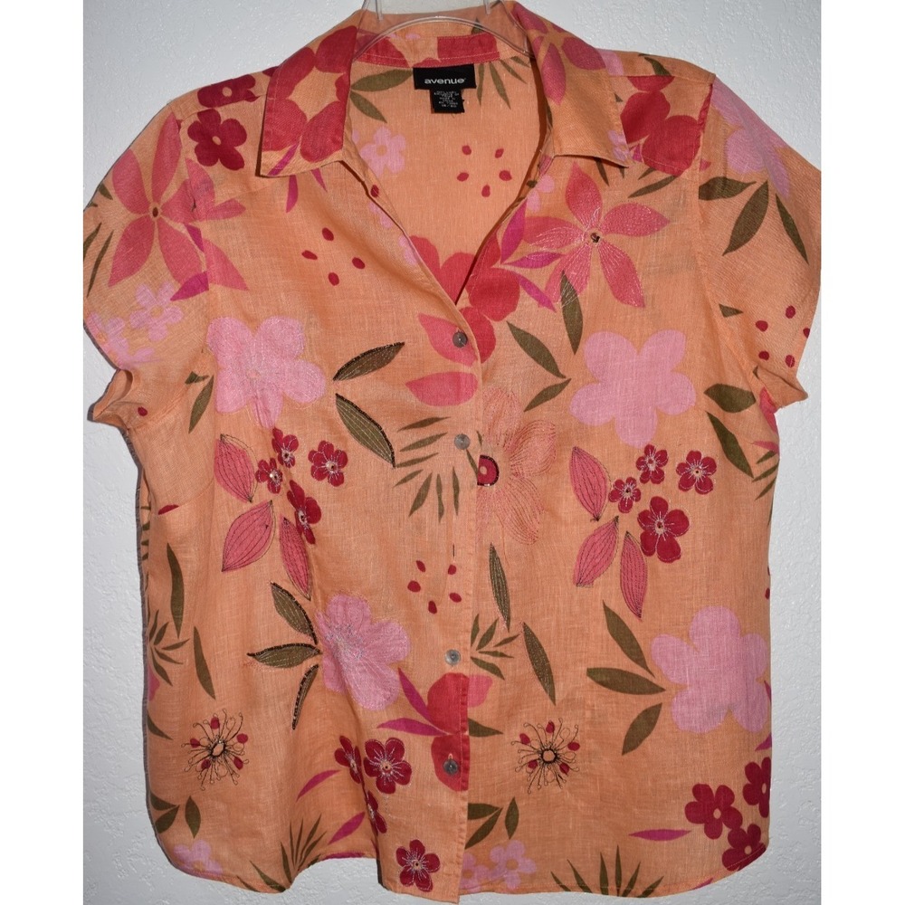 Avenue 18/20 Top Embroidered Beaded Linen Cap Slv Colorful Tropical‎ Resortwear
